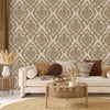 Beautiful White Gold Damask Shiny Embossed Plain Wallpaper, 3D Elegant Textured, Non-Woven, Non-Pasted, Large 114 sq ft Roll, Washable - Walloro Luxury 3D Embossed Textured Wallpaper 