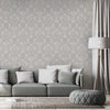 Damask Flocked Velvet Feel Wallpaper, White, Light Gray  Deep 3D Embossed Quilted Texture Luxury Wallcovering, Non-Woven - Walloro Luxury Embossed Textured Wallpaper 