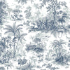 Blue Tropical Toile Textured Wallpaper, Stylish Plants Animals Jungle Forest Theme Wallcovering - Walloro Luxury 3D Embossed Textured Wallpaper 