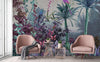 Tropical Wall Mural, Nature Palm Tree Purple Parrot Wallpaper, Jungle Forest Theme, Non-Woven, Non-Adhesive, Removable, Exotic Wall Print Art, Interior Decor - Walloro Luxury Embossed Textured Wallpaper 