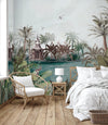 Nature Theme Wall Mural, Palm Trees Lake Scenic Wall Mural, Light Green Jungle Scene Large Wall Art, Non-Woven, Non-Adhesive, Removable, Exotic Wall Paper, Washable - Walloro Luxury Embossed Textured Wallpaper 