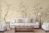 Yellow Chinoiserie Floral Wall Mural, Birds Tree Flowers Wallpaper, Custom Size Wall Covering, Non-Woven, Non-Adhesive, Removable, Washable - Walloro Luxury Embossed Textured Wallpaper 
