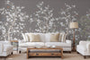 Gray Chinoiserie Floral Wall Mural, Birds Tree Flowers Wallpaper, Custom Size Wall Covering, Non-Woven, Non-Adhesive, Removable, Washable - Walloro Luxury Embossed Textured Wallpaper 