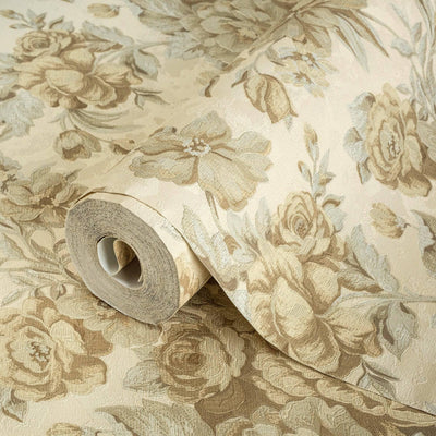 Beige Charming Floral Deep Embossed Wallpaper, Bloom Blossom Flower Design Interior Wall Decor - Walloro High End Wallcoverings & More