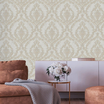 Beige Deep Embossed Wallpaper, Light Gray, White Luxury 3D Non-Pasted Wallcovering, Shimmering, Traditional Non-Woven Wall Decor - Walloro High End Wallcoverings & More