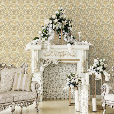 Beige, Gold Luxury 3D Damask Wallpaper, Premium Sparkling Velvet Feeling Flocked Wallcovering - Walloro High End Wallcoverings & More