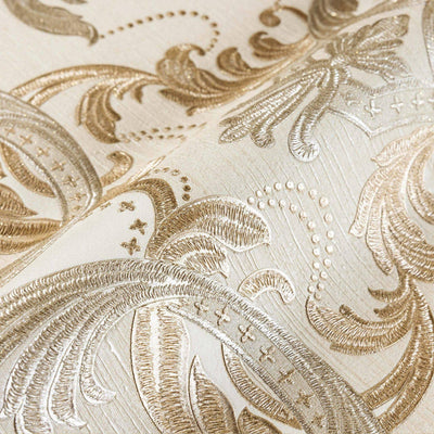 Beige, Gold Luxury 3D Damask Wallpaper, Premium Sparkling Velvet Feeling Flocked Wallcovering - Walloro High End Wallcoverings & More