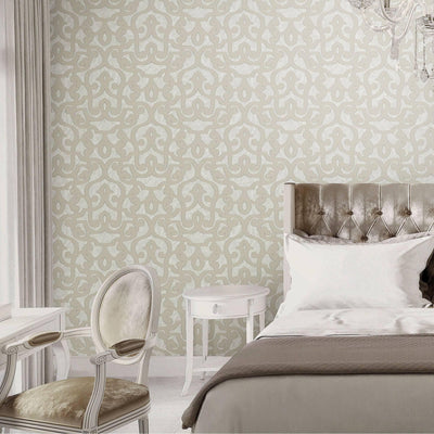 Beige Lace Trellis Wallpaper, Shiny Silver Gold Patterns Faded Colors Damask Design - Walloro High End Wallcoverings & More