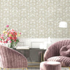 Beige Lace Trellis Wallpaper, Shiny Silver Gold Patterns Faded Colors Damask Design - Walloro High End Wallcoverings & More