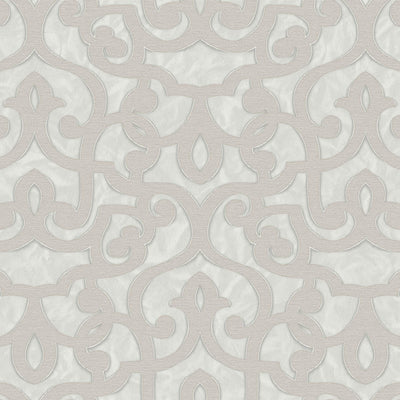 Beige Lace Trellis Wallpaper, Shiny Silver Gold Patterns Faded Colors Damask Design - Walloro High End Wallcoverings & More