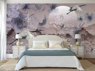 Birds Scene Wall Mural, Botanical Tropical Wallpaper, Nature, Customized Wall Mural, Durable, Non-Woven Wall Paper, Non-Adhesive, Removable - Walloro High End Wallcoverings & More