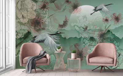 Birds Scene Wall Mural, Green Botanical Tropical Wallpaper, Nature, Customized Wall Mural, Durable, Non-Woven Wall Paper, Non-Adhesive, Removable - Walloro High End Wallcoverings & More