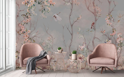 Birds Trees Nature Scene Wallpaper, Tropical Botanical Wall Mural, Gray Customized Wallpaper, Home Decor, Bedroom, Store, Forest Large Wall Art - Walloro High End Wallcoverings & More