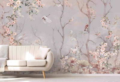 Birds Trees Nature Scene Wallpaper, Tropical Botanical Wall Mural, Gray Customized Wallpaper, Home Decor, Bedroom, Store, Forest Large Wall Art - Walloro High End Wallcoverings & More