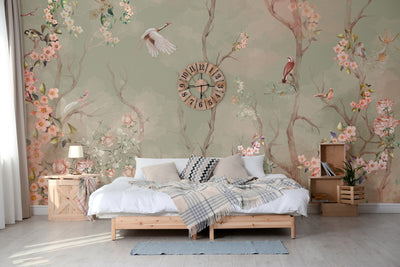 Birds Trees Nature Scene Wallpaper, Tropical Botanical Wall Mural, Green Customized Wallpaper, Home Decor, Bedroom, Store, Forest Large Wall Art - Walloro High End Wallcoverings & More