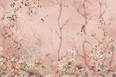 Birds Trees Nature Scene Wallpaper, Tropical Botanical Wall Mural, Pink Customized Wallpaper, Home Decor, Bedroom, Store, Forest Large Wall Art - Walloro High End Wallcoverings & More