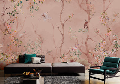 Birds Trees Nature Scene Wallpaper, Tropical Botanical Wall Mural, Pink Customized Wallpaper, Home Decor, Bedroom, Store, Forest Large Wall Art - Walloro High End Wallcoverings & More