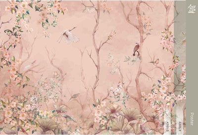 Birds Trees Nature Scene Wallpaper, Tropical Botanical Wall Mural, Pink Customized Wallpaper, Home Decor, Bedroom, Store, Forest Large Wall Art - Walloro High End Wallcoverings & More