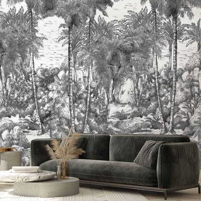 Black and White Palm Trees Drawing Wallpaper, Large Hand Drawn Wall Mural, Custom Size Wall Covering, Non-Woven, Non-Pasted, Washable, Removable - Walloro High End Wallcoverings & More