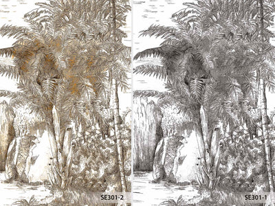 Black and White Palm Trees Drawing Wallpaper, Large Hand Drawn Wall Mural, Custom Size Wall Covering, Non-Woven, Non-Pasted, Washable, Removable - Walloro High End Wallcoverings & More