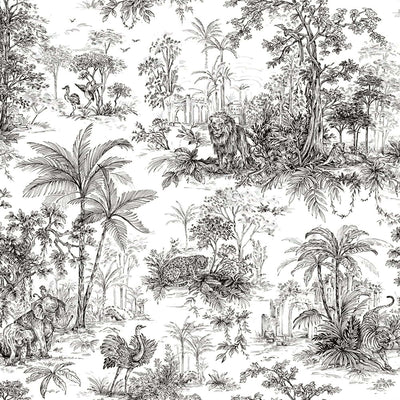 Black & White Tropical Toile Textured Wallpaper, Stylish Plants Animals Jungle Forest Theme Wallcovering - Walloro High End Wallcoverings & More