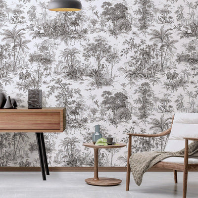 Black & White Tropical Toile Textured Wallpaper, Stylish Plants Animals Jungle Forest Theme Wallcovering - Walloro High End Wallcoverings & More