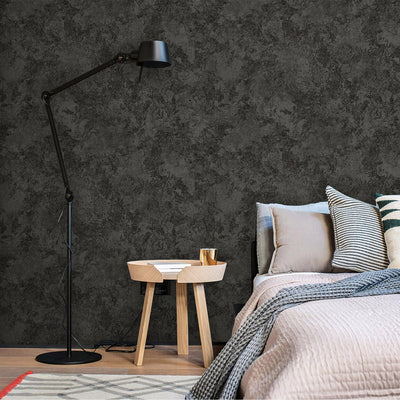 Black Rustic Abstract Farmhouse Wallpaper, 3D Embossed Weathered Solid Color Wallcovering - Walloro High End Wallcoverings & More