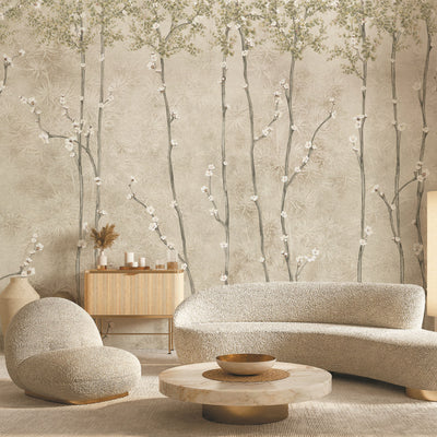 Bloom Flowers Wall Mural, Light Beige Floral Blossom Wallpaper, Oversized Nature Art Customized Wall Covering, Non-Woven, Non-Adhesive, Removable - Walloro High End Wallcoverings & More