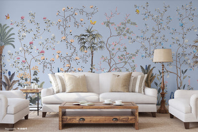 Blue Botanical Wall Mural, Butterfly Flowers Chinoiserie Wallpaper, Nature Theme Custom Size Wall Covering, Non-Woven, Non-Pasted, Removable, Washable - Walloro High End Wallcoverings & More