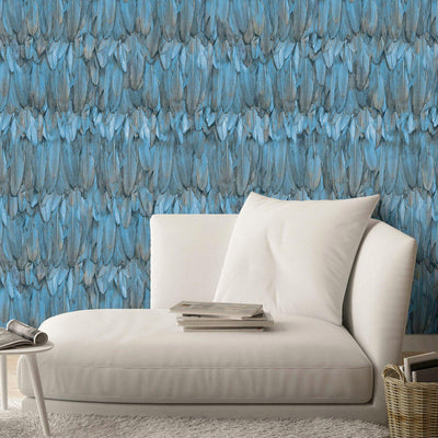 Blue Feathers Pattern Embossed Wallpaper, Tropical 3D Textured Birds Wallcovering - Walloro High End Wallcoverings & More