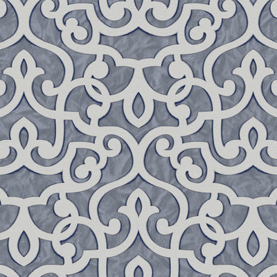 Blue Lace Trellis Wallpaper, Shiny Silver Gold Patterns Faded Colors Damask Design - Walloro High End Wallcoverings & More