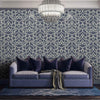 Blue Lace Trellis Wallpaper, Shiny Silver Gold Patterns Faded Colors Damask Design - Walloro High End Wallcoverings & More