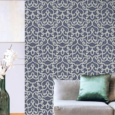 Blue Lace Trellis Wallpaper, Shiny Silver Gold Patterns Faded Colors Damask Design - Walloro High End Wallcoverings & More