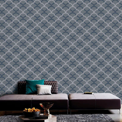 Blue Luxury Fish Scale Deep Embossed Wallpaper, 3D Textured Lace Patterns, Thick Wallcovering - Walloro High End Wallcoverings & More