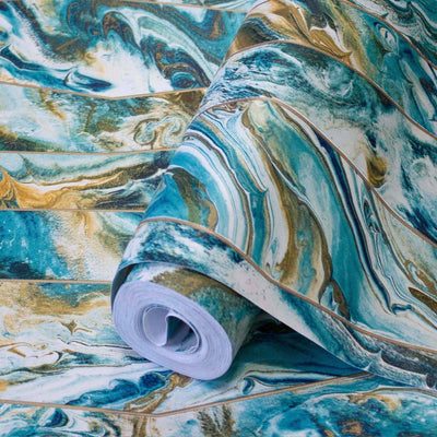 Blue Marble Embossed Wallpaper, Marbled Pattern Striped Stone Effect Modern Wallcovering, Washable - Walloro High End Wallcoverings & More