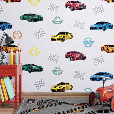 Boys Car Themed Textured Wallpaper, Boys Bedroom Wall Paper, Nursery Wallpaper, 114 sq ft, Cars Wall Decor, Kids Room Wallpaper, White - Walloro High End Wallcoverings & More