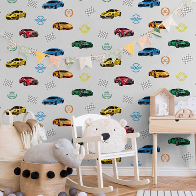 Boys Car Themed Textured Wallpaper, Boys Bedroom Wall Paper, Nursery Wallpaper, 114 sq ft, Cars Wall Decor, Kids Room Wallpaper, White - Walloro High End Wallcoverings & More