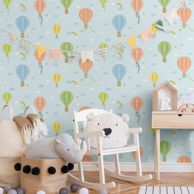 Boys Room Blue Wallpaper, Textured Hot Air Balloon Wallpaper, Boys Bedroom Wall Paper, Nursery Wallcovering, 114 sqft Roll, Washable, Sturdy - Walloro High End Wallcoverings & More