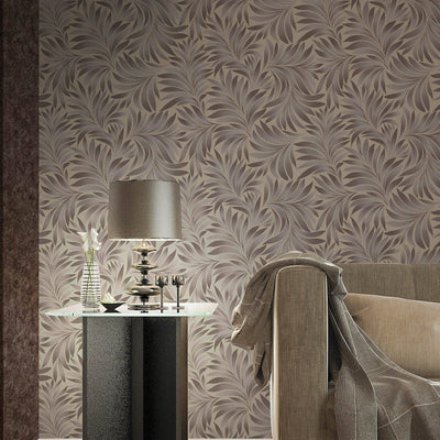 Brown Luxury Leaves Solid Color Shades Wallpaper, Deep Embossed Flocked Velvet Feeling Design - Walloro High End Wallcoverings & More