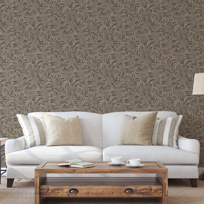 Brown Luxury Leaves Solid Color Shades Wallpaper, Deep Embossed Flocked Velvet Feeling Design - Walloro High End Wallcoverings & More