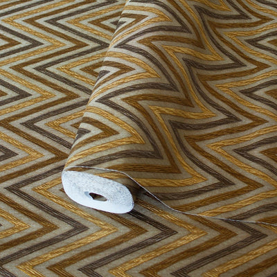 Chevron Wallpaper, Brown, Yellow Geometric Deep Embossed Zigzag Pattern Geometric Wallcovering - Walloro High End Wallcoverings & More