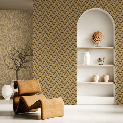 Chevron Wallpaper, Brown, Yellow Geometric Deep Embossed Zigzag Pattern Geometric Wallcovering - Walloro High End Wallcoverings & More