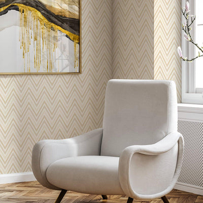 Chevron Wallpaper, Cream, Gold Geometric Deep Embossed Zigzag Pattern Geometric Wallcovering - Walloro High End Wallcoverings & More