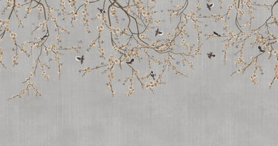 Chinoiserie Birds Floral Wall Mural, Gray Flowers Blossom Wallpaper, Large, Oversized Elegant Custom Size Wall Art, Non-Woven, Non-Pasted, Modern - Walloro High End Wallcoverings & More