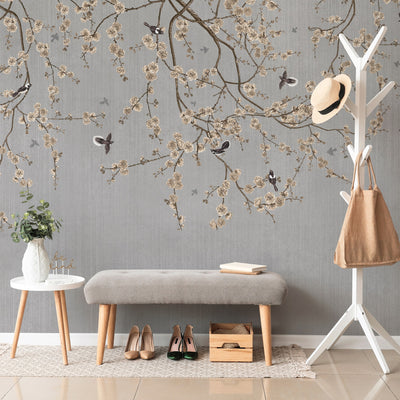 Chinoiserie Birds Floral Wall Mural, Gray Flowers Blossom Wallpaper, Large, Oversized Elegant Custom Size Wall Art, Non-Woven, Non-Pasted, Modern - Walloro High End Wallcoverings & More