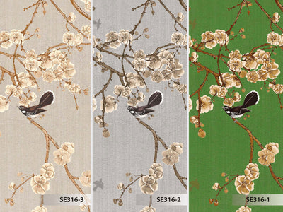 Chinoiserie Birds Floral Wall Mural, Gray Flowers Blossom Wallpaper, Large, Oversized Elegant Custom Size Wall Art, Non-Woven, Non-Pasted, Modern - Walloro High End Wallcoverings & More