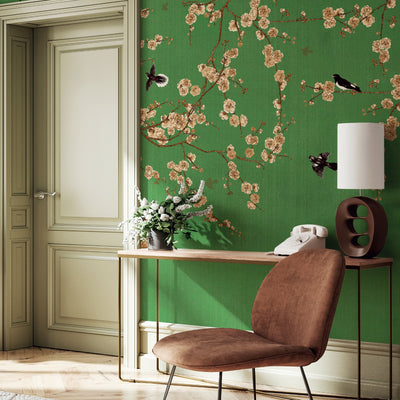 Chinoiserie Birds Floral Wall Mural, Green Flowers Blossom Wallpaper, Large, Oversized Elegant Custom Size Wall Art, Non-Woven, Non-Pasted, Modern - Walloro High End Wallcoverings & More