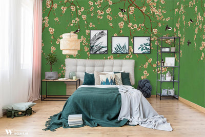 Chinoiserie Birds Floral Wall Mural, Green Flowers Blossom Wallpaper, Large, Oversized Elegant Custom Size Wall Art, Non-Woven, Non-Pasted, Modern - Walloro High End Wallcoverings & More