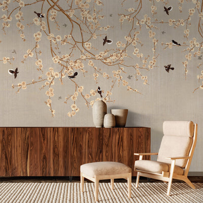 Chinoiserie Birds Floral Wall Mural, Light Beige Flowers Blossom Wallpaper, Large, Oversized Elegant Custom Size Wall Art, Non-Woven, Non-Pasted, Modern - Walloro High End Wallcoverings & More