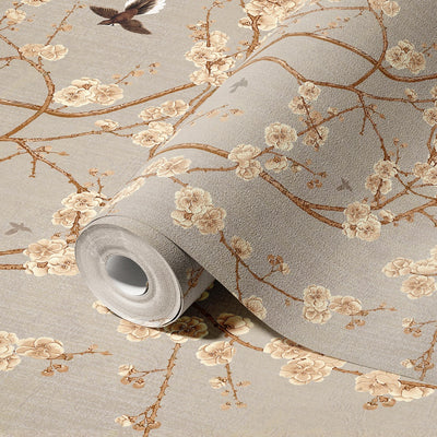 Chinoiserie Birds Floral Wall Mural, Light Beige Flowers Blossom Wallpaper, Large, Oversized Elegant Custom Size Wall Art, Non-Woven, Non-Pasted, Modern - Walloro High End Wallcoverings & More